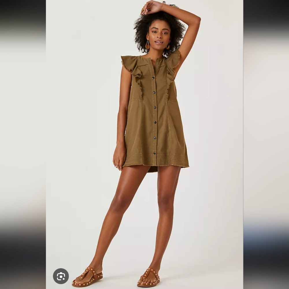 339-Pilcro Anthropologie Olive Green Button-Down Sleeveless Dress